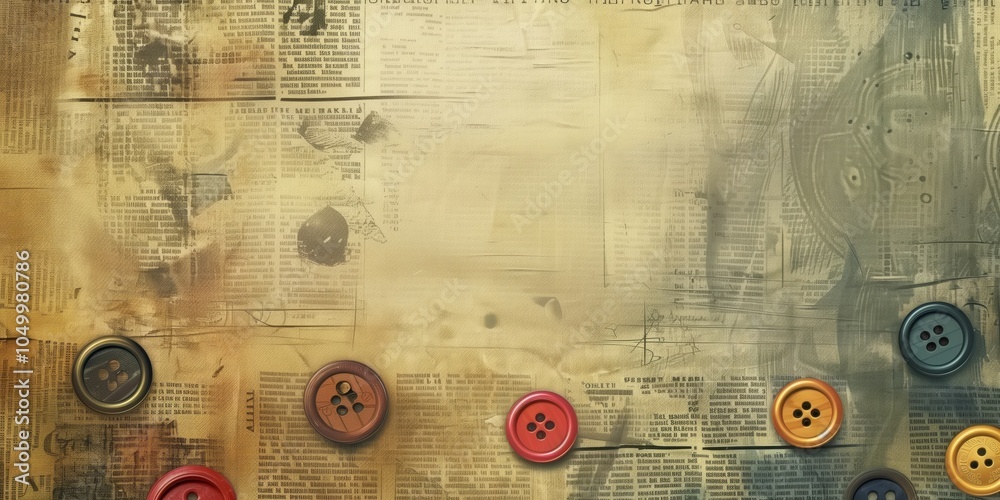 Obraz premium Abstract background with buttons and newspaper textures, vintage look, high detail, artistic design.