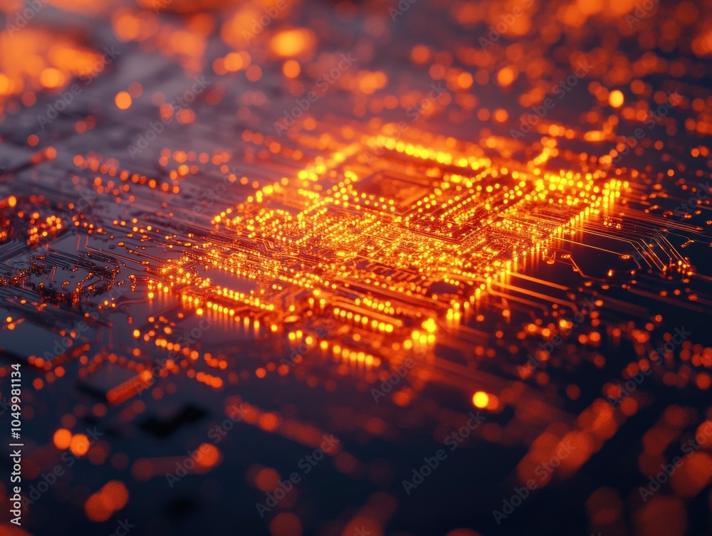 Computer chip with a bright orange glow. The image is abstract and surreal, with a sense of chaos and confusion. The bright orange color of the chip contrasts with the dark background Computer chip with a bright orange glow. The image is abstract and surreal, with a sense of chaos and confusion. The bright orange color of the chip contrasts with the dark background