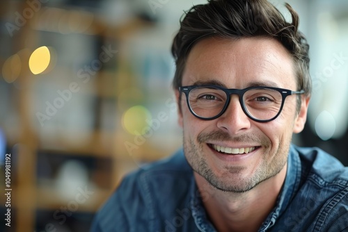 A middle-aged man with dark hair and glasses smiles naturally in a contemporary indoor setting, conveying warmth and friendliness in a comfortable, stylish environment.