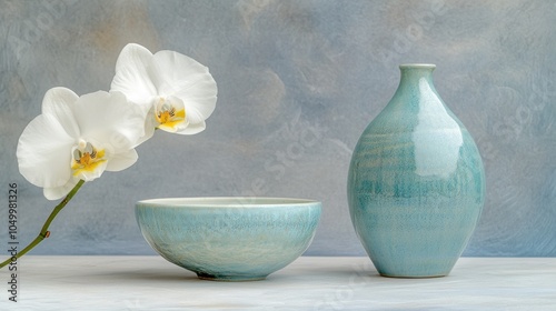 A serene arrangement featuring a vase and bowl alongside a delicate orchid flower.