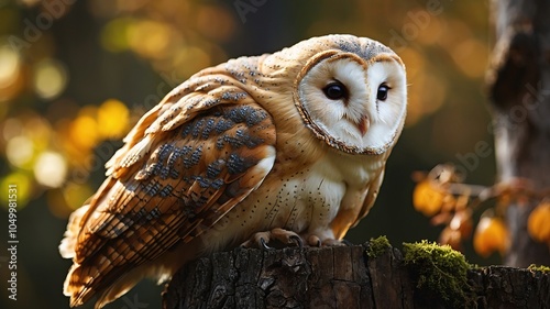 Close-up portrait of a majestic barn owl (Tyto alba) perched on a weathered tree stump. photo