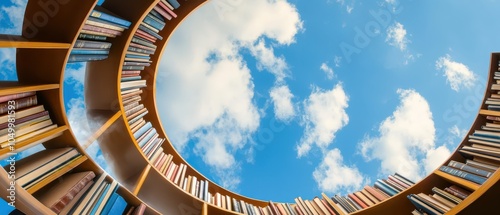 A circular bookshelf under a bright blue sky, creating a whimsical perspective that combines literature and nature.