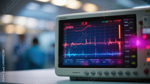 Crisp ICU ECG monitor against a bokeh background.