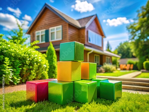 Cubes Representing BREEAM Environmental Assessment Method in Front of a Model House for Sustainable Building Practices photo