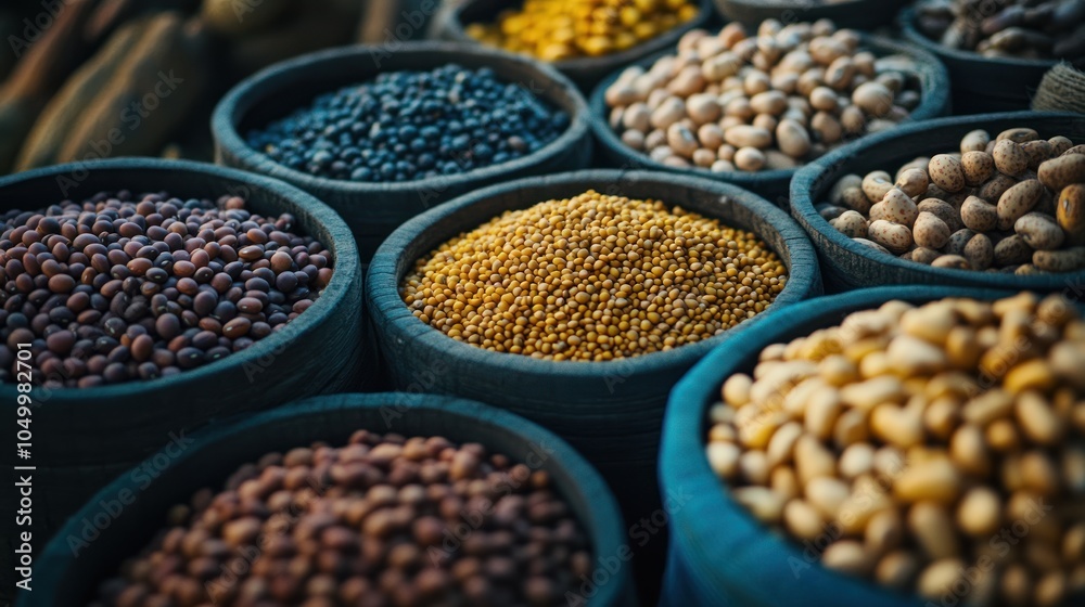 Obraz premium A vibrant display of various spices and legumes in wooden bowls at a market.