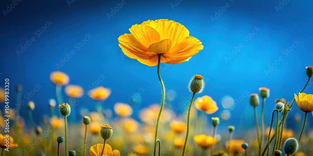 Obraz premium Double exposure art: Blue sky meets vibrant yellow flowers.