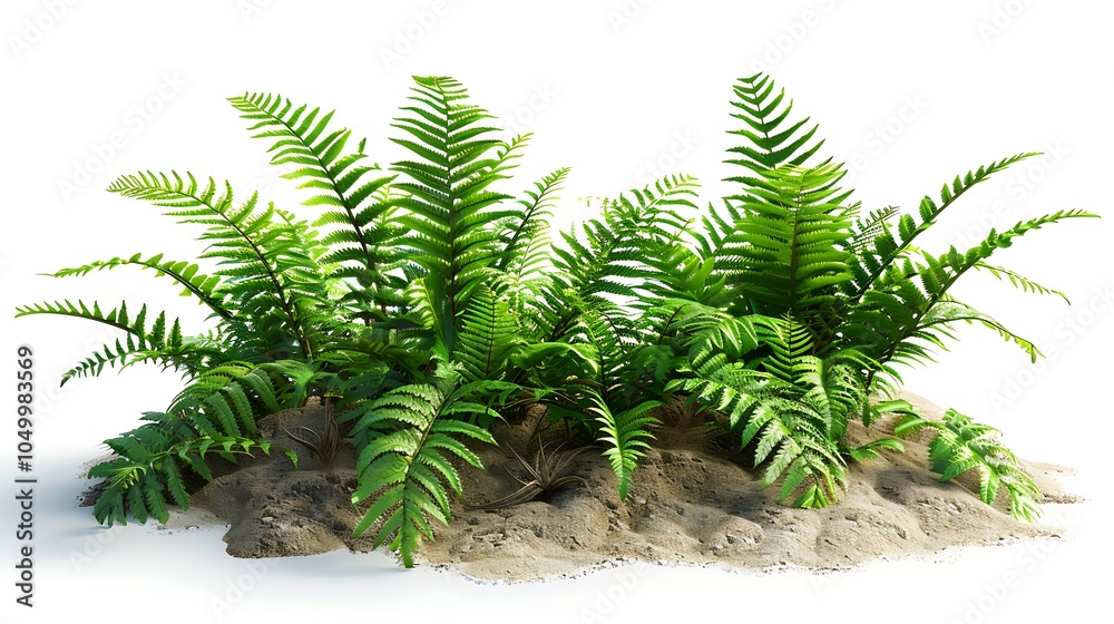A collection of small ferns thriving on a sandy base against a bright white background creating a serene and tranquil atmosphere enhancing the beauty of nature in a photorealistic style A collection of small ferns thriving on a sandy base against a bright white background creating a serene and tranquil atmosphere enhancing the beauty of nature in a photorealistic style
