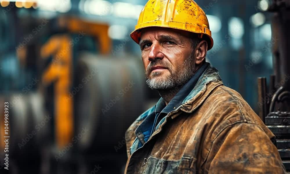 A weathered factory worker in a yellow hard hat A weathered factory worker in a yellow hard hat