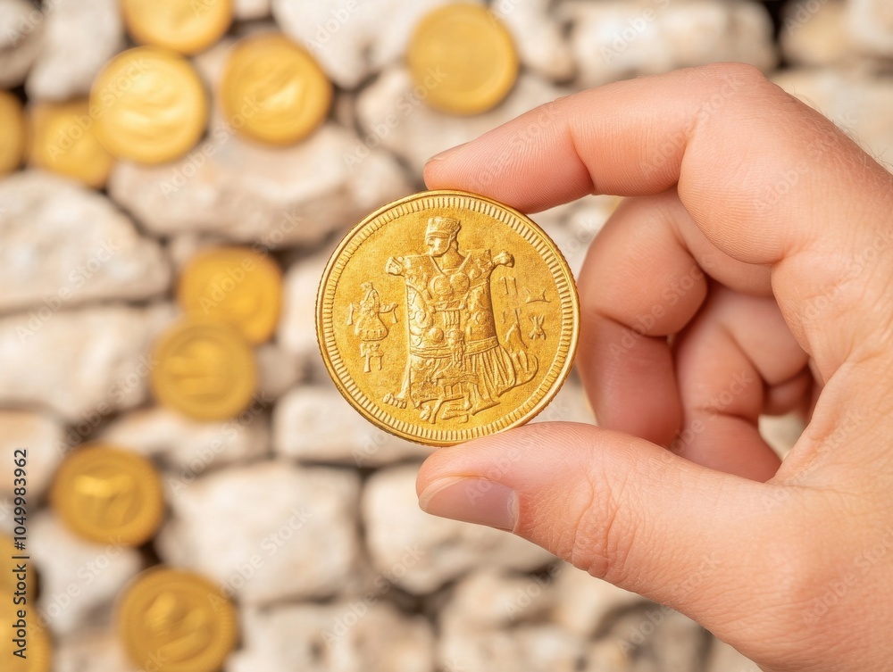 Fototapeta premium Hand Holding a Gold Coin on a Stone Background