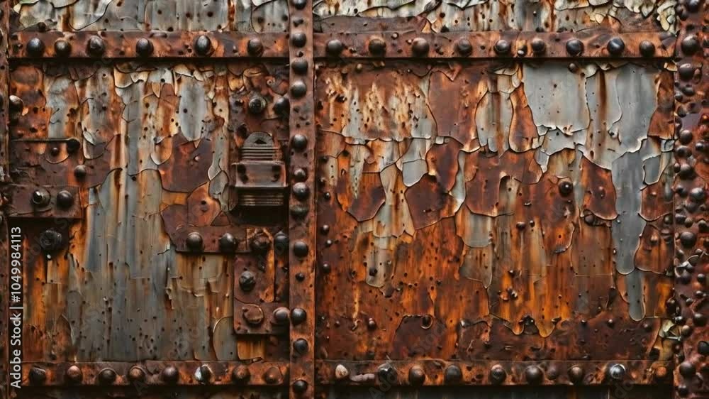 A weathered metal door with rust and peeling paint, showcasing industrial decay.