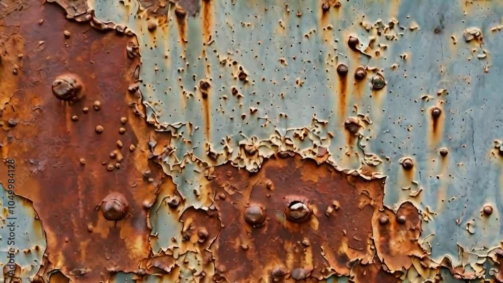 A close-up of rusted metal with peeling paint, showcasing texture and decay.