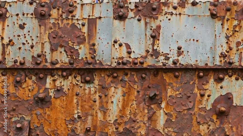 Close-up of rusted metal with peeling paint and corrosion.