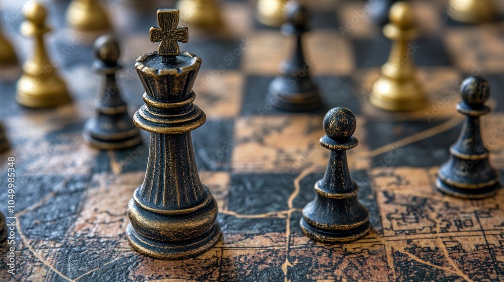 A close-up of a chessboard featuring black and gold pieces, emphasizing strategy and competition. A close-up of a chessboard featuring black and gold pieces, emphasizing strategy and competition.