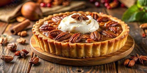 A Pecan Pie With Whipped Cream and Star Anise, Adorned With the Flavor of Autumn