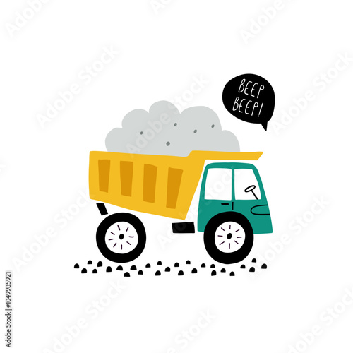 Beep. Cute cartoon baby boy poster with cars Truck in cartoon style. Vector print with cute cars for fabric, textile, postcard, apparel or kids room design.