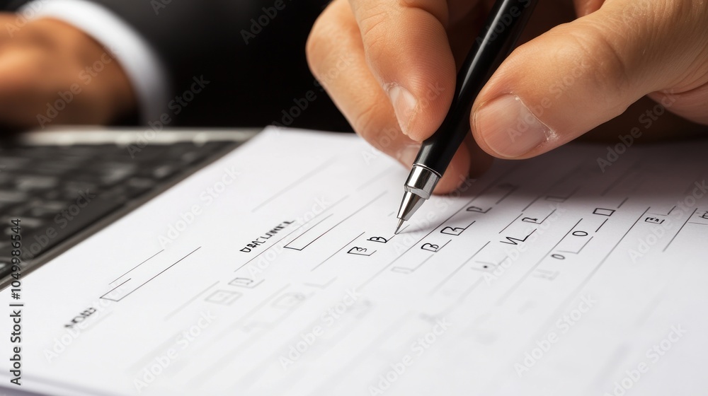 A hand holding a pen fills out a form next to a keyboard. A hand holding a pen fills out a form next to a keyboard.