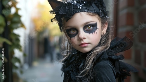 Adorable cat girl dressed in a punk gothic handmade costume for a fun-filled birthday celebration. Kids enjoying themselves at a lively Halloween costume party, with ample photo style copy space. photo