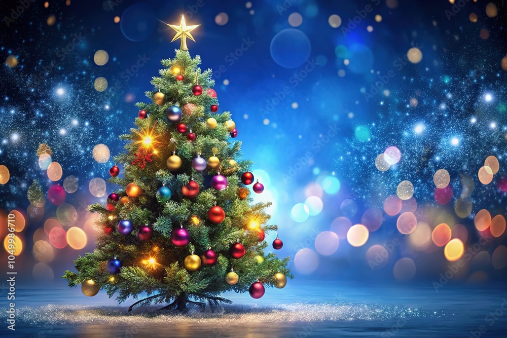 Obraz premium Gorgeous Christmas tree adorned with shimmering lights set against a deep blue backdrop, creating a captivating bokeh effect for your holiday decor inspiration.