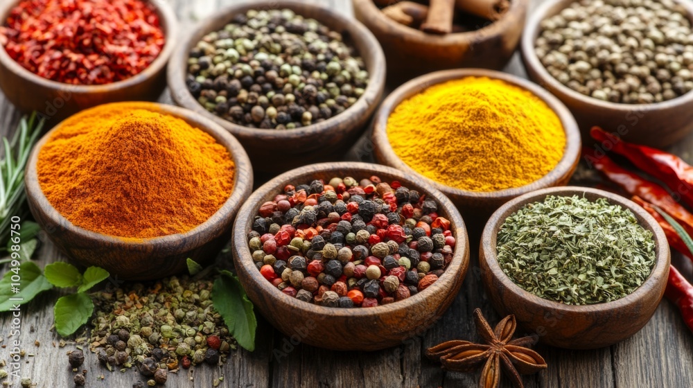 Colorful Herbs and Spices in Wooden Bowls on Table Colorful Herbs and Spices in Wooden Bowls on Table