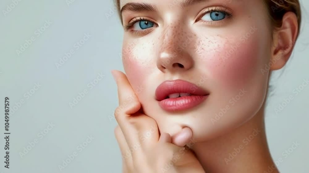 A close-up portrait of a woman showcasing natural beauty with freckles and soft makeup. A close-up portrait of a woman showcasing natural beauty with freckles and soft makeup.