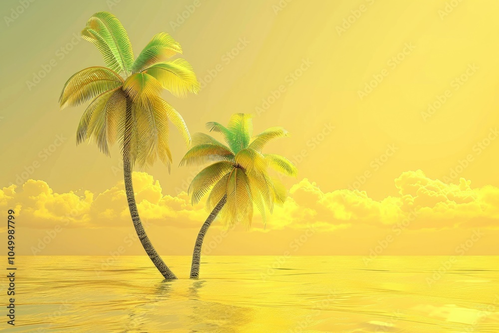 Two palm trees are standing in the ocean, with the sun setting in the background. The scene is serene and peaceful, with the palm trees providing a sense of calmness and relaxation Two palm trees are standing in the ocean, with the sun setting in the background. The scene is serene and peaceful, with the palm trees providing a sense of calmness and relaxation