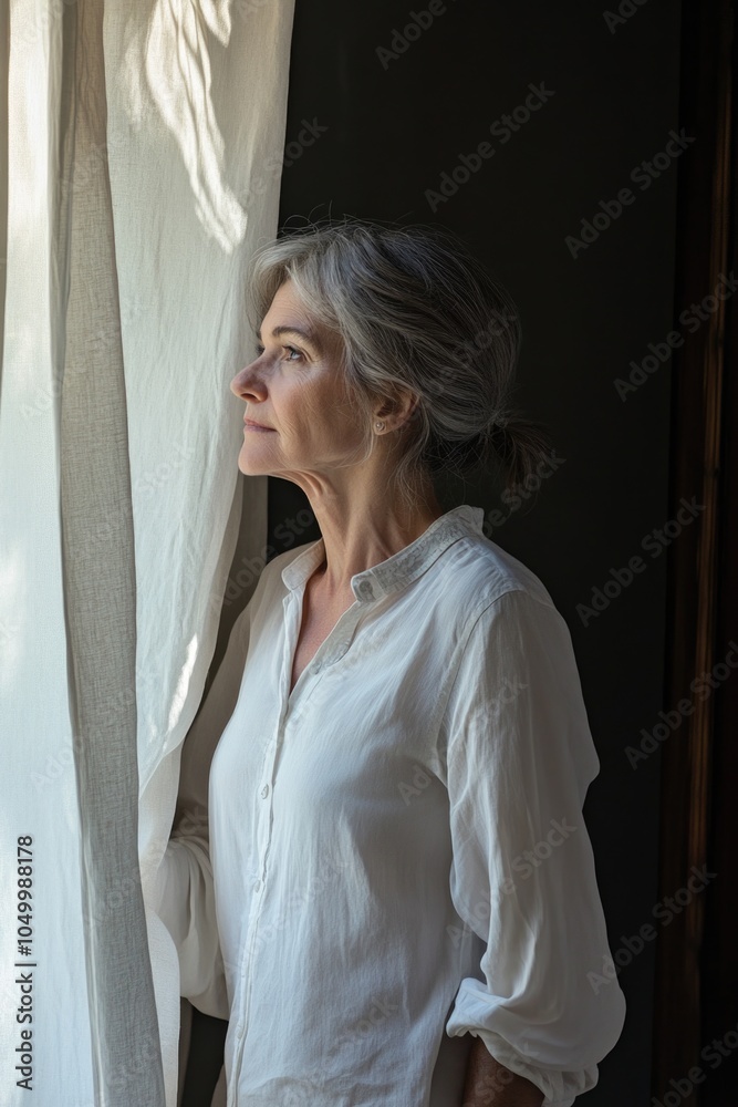 Woman in a white shirt is looking out a window. She is looking at something outside, but it is not clear what it is. The scene is quiet and peaceful, with the woman standing alone in a room Woman in a white shirt is looking out a window. She is looking at something outside, but it is not clear what it is. The scene is quiet and peaceful, with the woman standing alone in a room