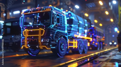 Realistic digital reconfiguration showcasing a car, truck, and bus with vibrant lights and lasers. photo