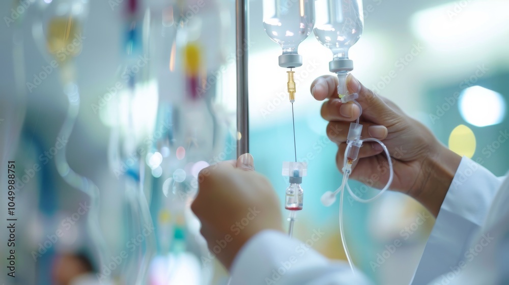 A healthcare professional adjusting a patient's intravenous drip in a hospital room, macro shot, Minimalist style A healthcare professional adjusting a patient's intravenous drip in a hospital room, macro shot, Minimalist style