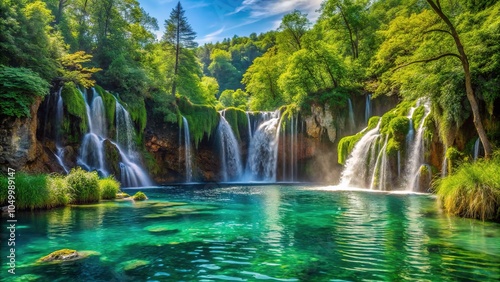 Majestic Big Waterfall in Plitvice National Park Surrounded by Lush Greenery and Crystal Clear Water in Croatia's Natural Beauty