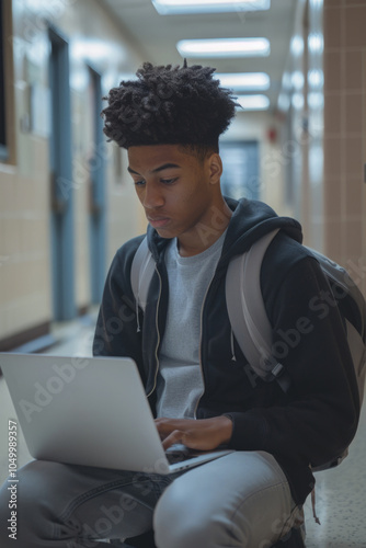 Young man sits on the floor with a laptop open in front of him. He is wearing a black hoodie and a backpack. Concept of focus and concentration as the man works on his laptop