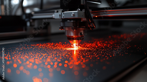 A dynamic view of a laser sintering machine printing metal with sharp precision, glowing red sparks illuminating the surrounding space as molten metal is fused into a new creation. photo