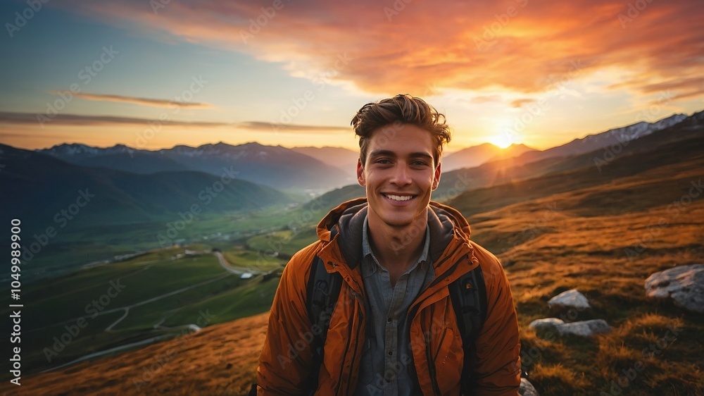 Mountain silhouette embraces a smiling man bathed in dusk's golden light. Mountain silhouette embraces a smiling man bathed in dusk's golden light.