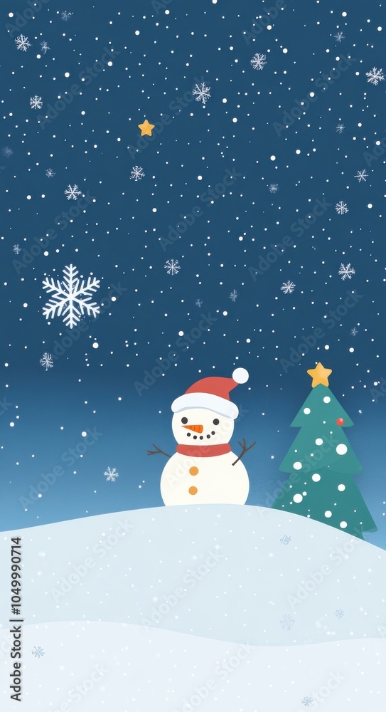 Fototapeta premium A cute snowman, a Christmas tree on the snowy hill background with stars and falling snowflakes, a vector illustration in a flat style. A simple, minimalist cartoon design for a mobile wallpaper.