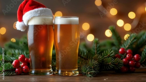 Two glasses of beer, one with a Santa hat, surrounded by Christmas greenery and berries, with warm festive lights in the background, creating a cozy holiday atmosphere.
