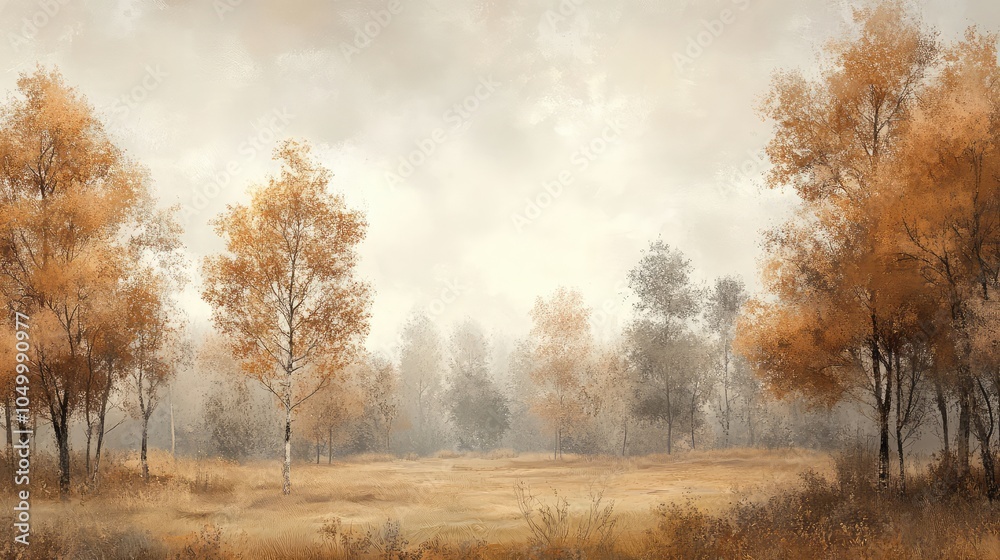 A cloudy autumn landscape with trees in muted shades of soft orange, brown, and gray, creating a peaceful, subdued scene A cloudy autumn landscape with trees in muted shades of soft orange, brown, and gray, creating a peaceful, subdued scene