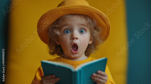 portrait little boy wearing t-shirt , amazed reading book isolated vibrant yellow color background photo