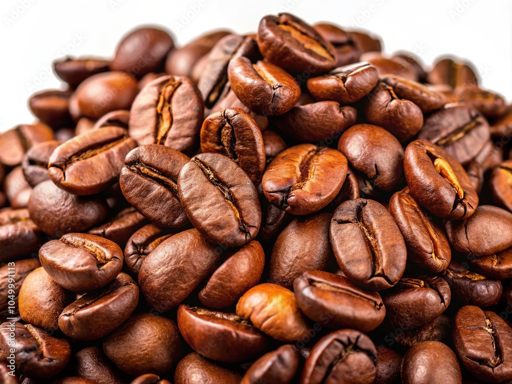 Fototapeta premium Roasted coffee beans, close-up, isolated against white, showcasing their rich texture.