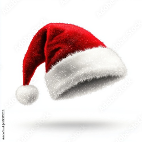 Red Santa hat, made of red and white fur material, on white background, simple design, sharp focus