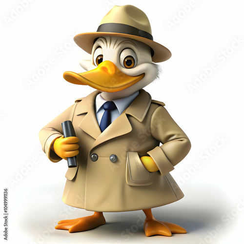 A clever duck, wearing a detective trench coat, investigates mysteries. photo