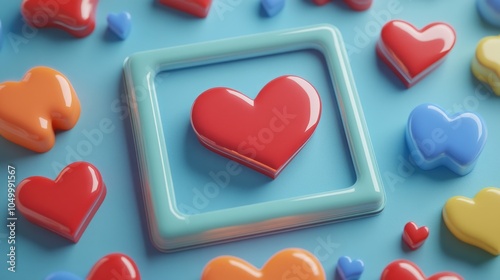 Blue square with a red heart in the middle surrounded by many other hearts of different colors. Concept of love and affection