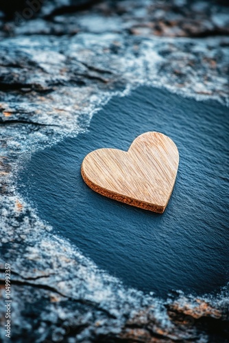 Wooden heart is placed on a rock, surrounded by water. Concept of love and warmth, as the heart is a symbol of affection and the water adds a calming and serene atmosphere