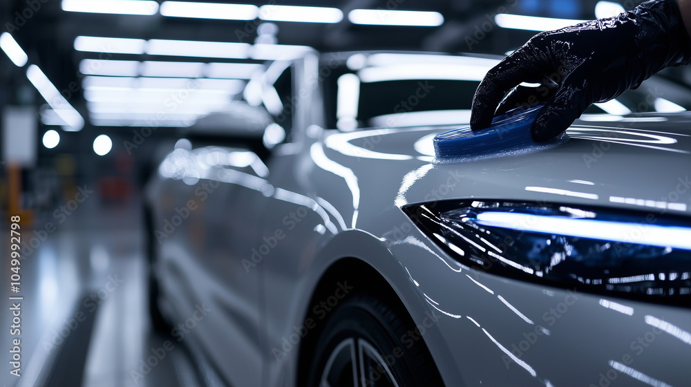 A focused shot of a wax being applied to the sleek curves of a silver car, the reflections of surrounding lights dancing across the car's gleaming surface, symbolizing premium care A focused shot of a wax being applied to the sleek curves of a silver car, the reflections of surrounding lights dancing across the car's gleaming surface, symbolizing premium care