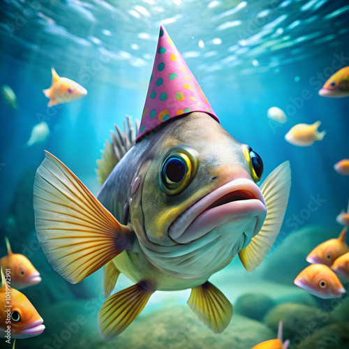 A cheerful fish wearing a party hat celebrates at an underwater birthday party.