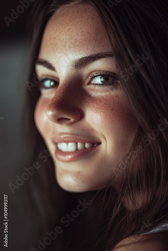 Woman with a smile on her face and a green eye. She has a lot of freckles on her face