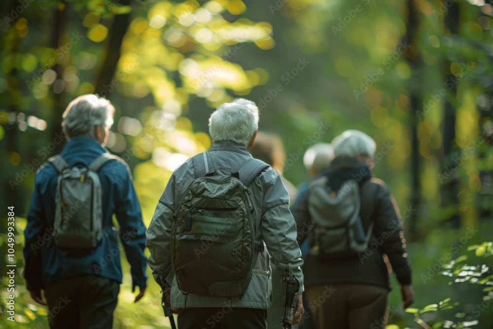 Fototapeta premium A group of seniors trek through a lush green forest, enjoying the morning sunlight, exemplifying a spirit of adventure, nature appreciation, and health.