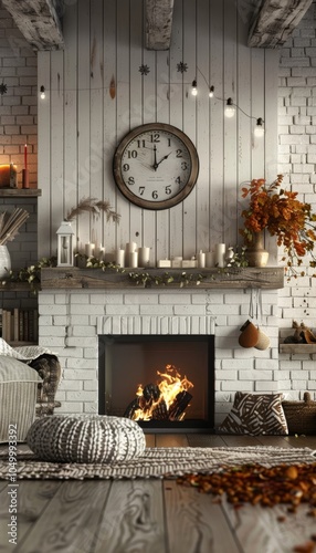 Charming contemporary wood burning fireplace with grandfather clock and minimal fall decor