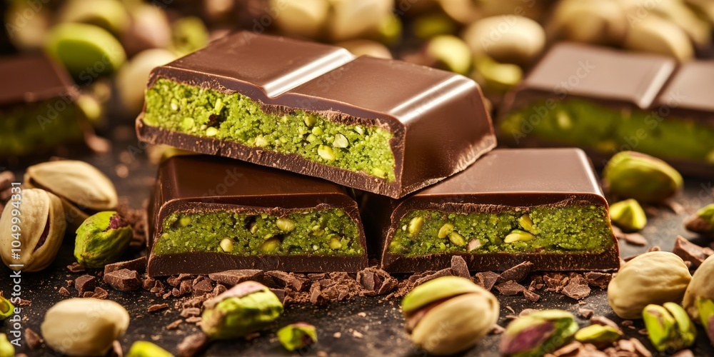 Indulge in luxurious Dubai chocolate bars filled with green pistachio paste, surrounded by crunchy pistachios for a gourmet nutty experience