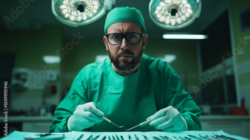 A focused dentist holding dental forceps while inspecting the patientâs teeth for cavities or decay, with sterile instruments neatly arranged on a tray beside them. photo