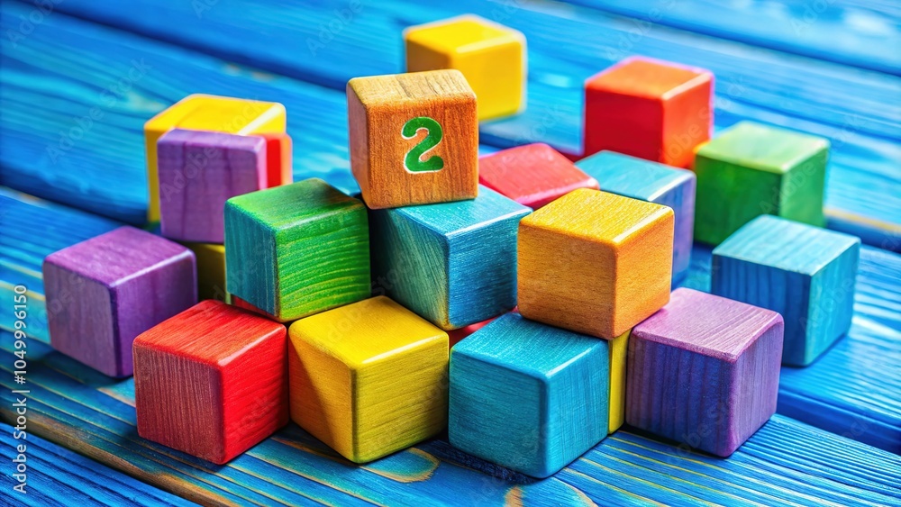 Obraz premium Vibrant wooden cubes with numbers arranged on a blue table, ideal for fostering educational and imaginative play experiences for children of all ages.