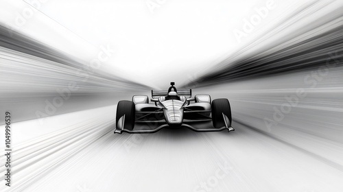 Indycar speeding down racetrack leaving motion blur in black and white